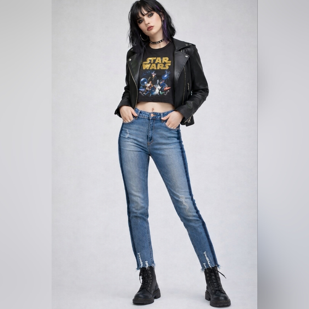 High-Rise Juniors Size 15/Women's 12 Two-Tone Blue Straight Jeans